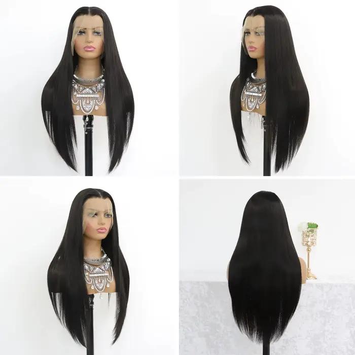 Perruque Lace Front Wig Synthétique HD Sans Colle, Cheveux Longs et Lisses, Noirs Naturels, Pre-Plucked, Fibre de Degré de Chaleur, pour Femme