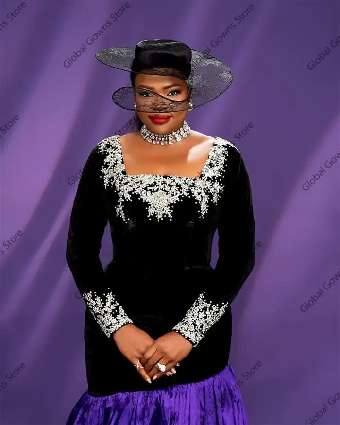 Robe de soirée élégante pour femme, robe de Rhlongue, appliques de perles, noir, carré N, violet, chic, personnalisé