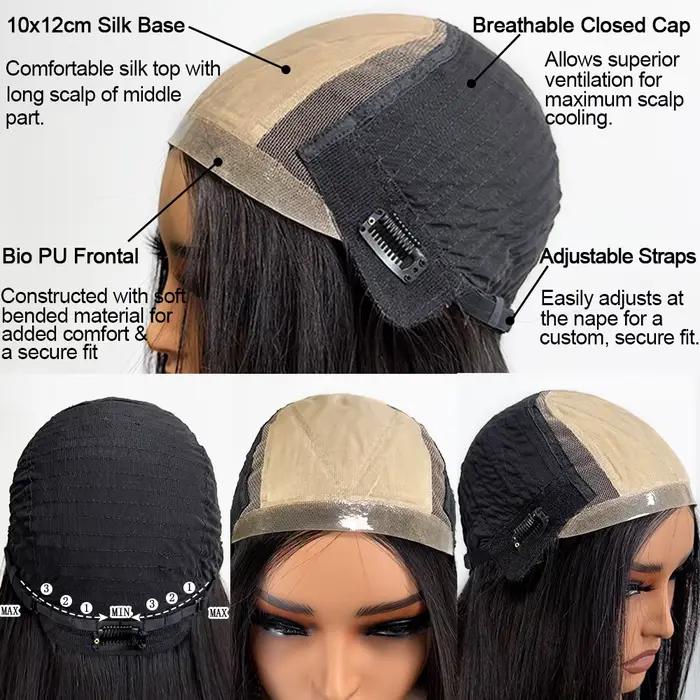 Perruques longues et droites en cheveux humains pour femmes, 10x12cm, avec dessus en soie et devant en PU, sans colle, ajustables, noires naturelles, pour usage quotidien