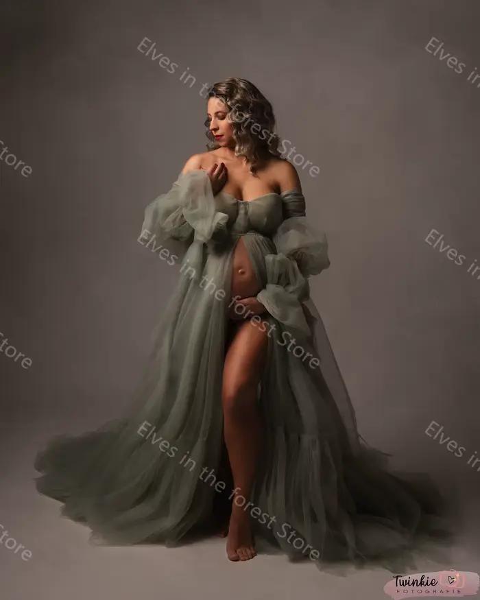 Robes de soirée à manches longues pour femmes enceintes, robes de photographie fendues sur le devant, fête préChristophe, sexy, Off initié