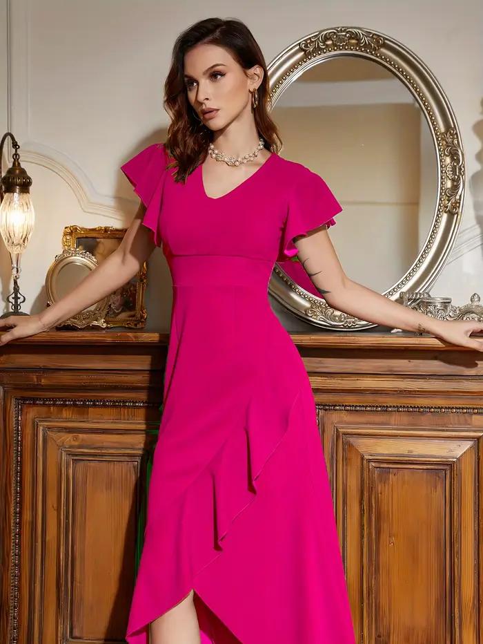 Robe à volants à col en V, robe élégante à manches courtes pour cocktail, vêtements pour femmes