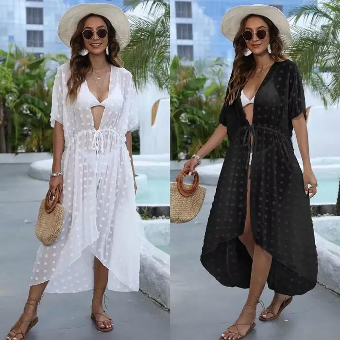 Robe de plage blanche pour femme avec patchwork, polyamide, noir et vert armée, pour la plage, la piscine et les occasions spéciales