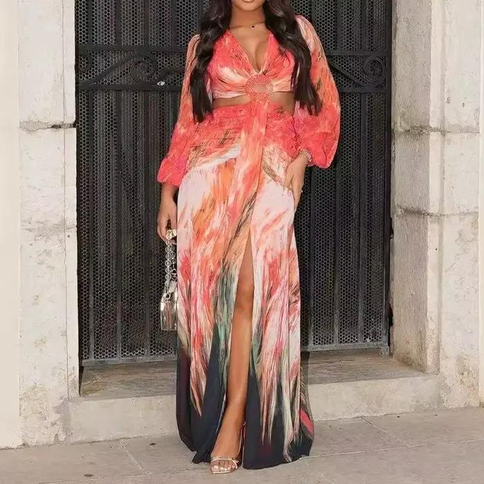 Ensemble 2 pièces jupe fendue pour femmes, costume de plage, haut imprimé, jupes longues, longueur au sol, tenues pliables, col en V, Ensemble Sexy d'été 2025