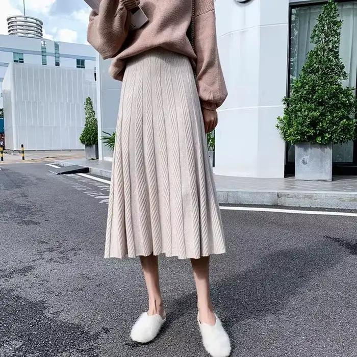 Demi-jupe tricotée à cent plis pour femme en automne et en hiver, longueur moyenne à longue, fine et élégante