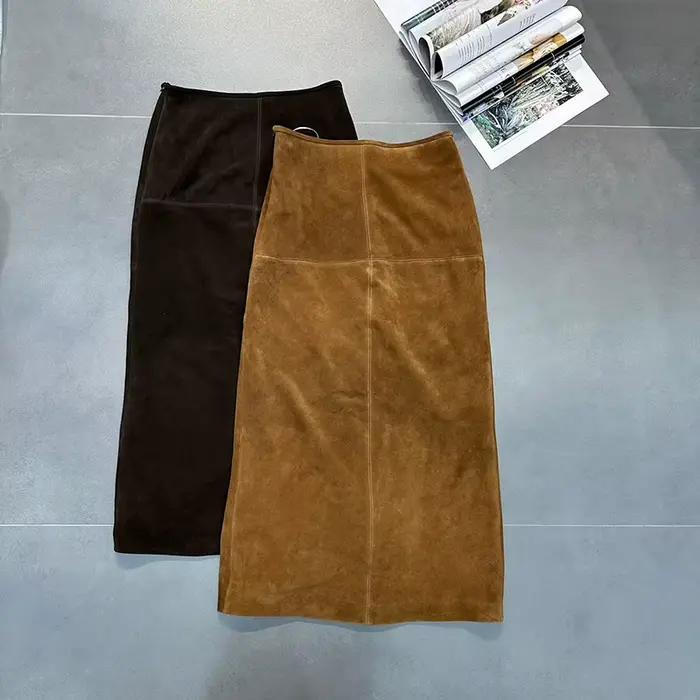 Femmes en cuir véritable Jupe taille haute café longue enveloppement hanche Style printemps automne décontracté dos