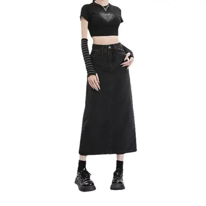 Jupe en jean mi-longue taille haute fendue amincissante pour femme