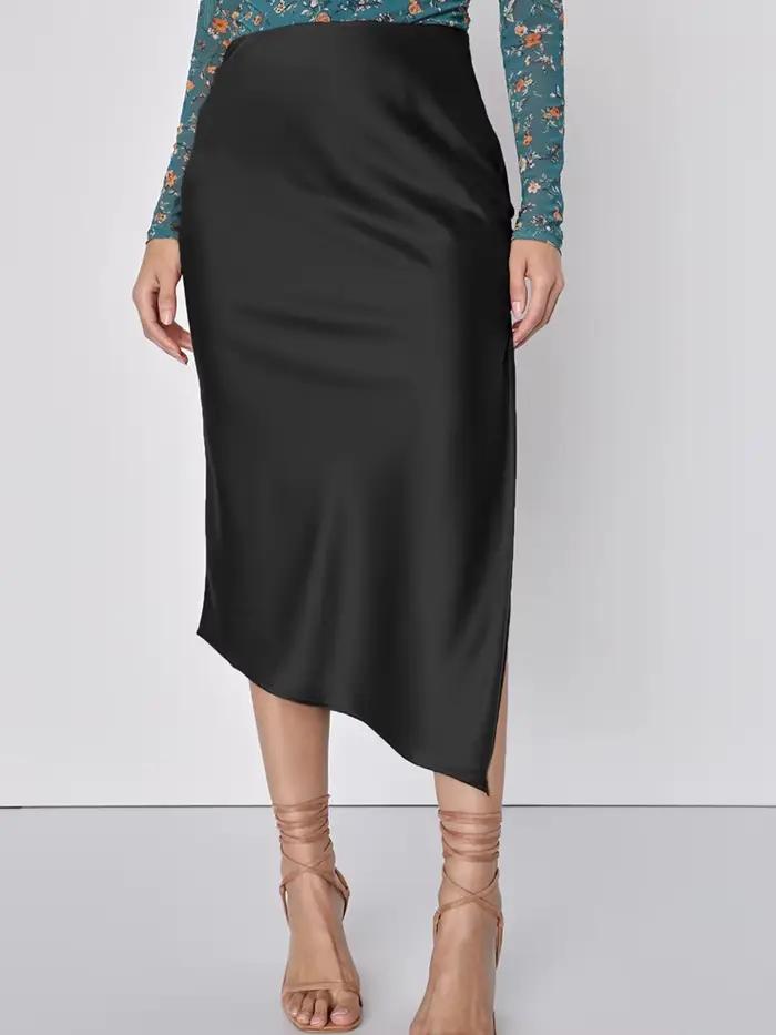 Jupe asymétrique longue en Satin noir pour femmes