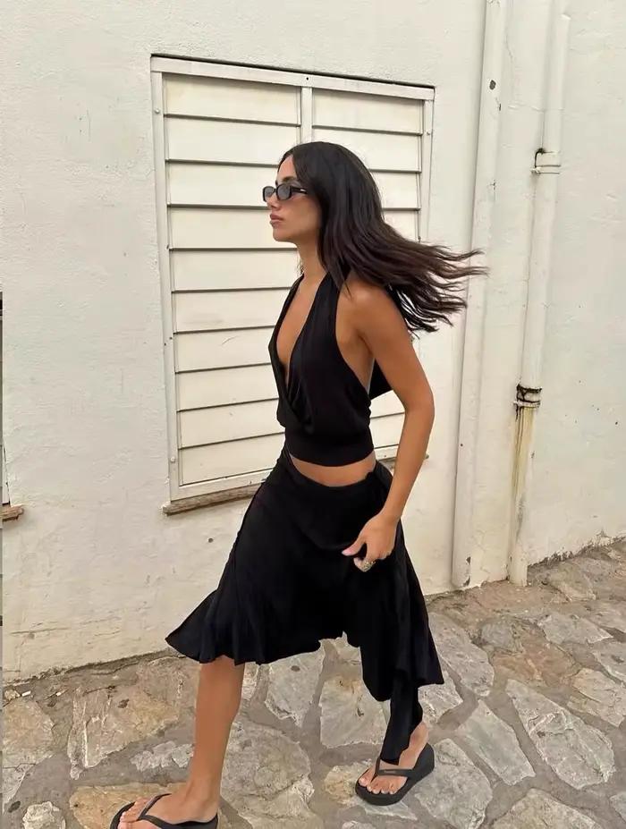 Jupe midi à taille basse avec lien ajustable