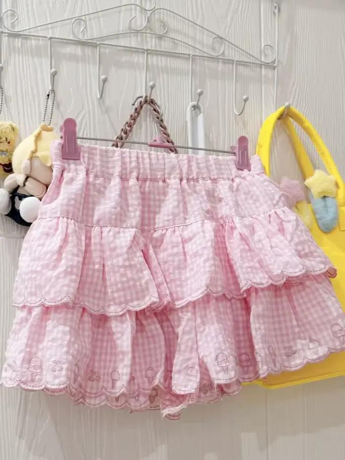 Harajuku japonais doux été jupe femmes taille haute Kawaii broderie Mini