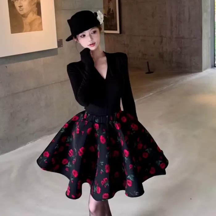 Mini-jupe vintage française à imprimé floral et pois