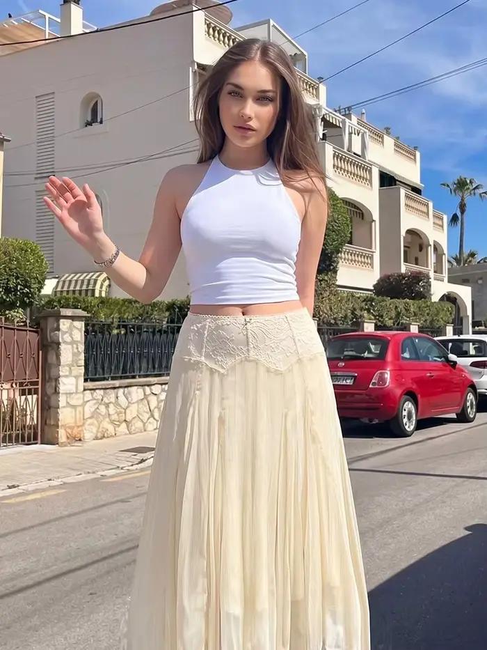 Jupe midi élégante en mousseline beige avec dentelle pour femme, taille haute, fluide, coupe trapèze, style féerique, idéale pour les vacances et les rendez-vous