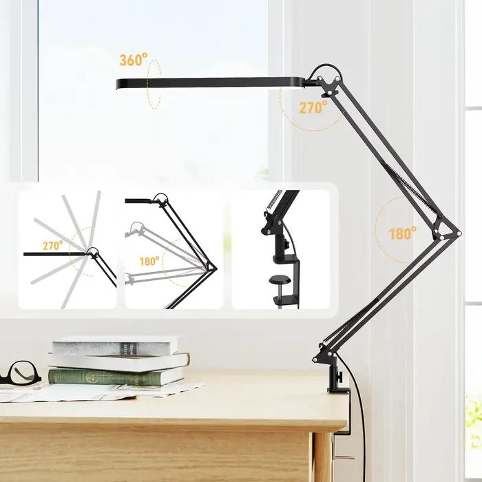 Lampe de bureau LED à bras long, pince pliable, lumière de soin des yeux réglable avec 3 modes de couleur, variable pour lire, les études et les travaux de bureau