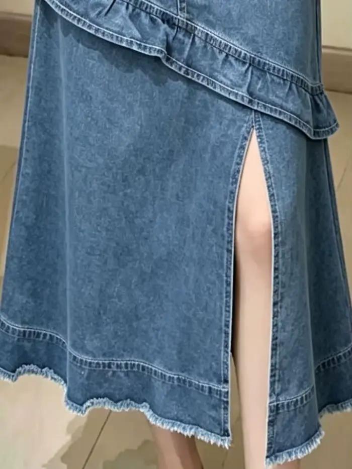 Jupe longue en jean bleu pour femme, taille haute, à volants, fendue, coupe trapèze