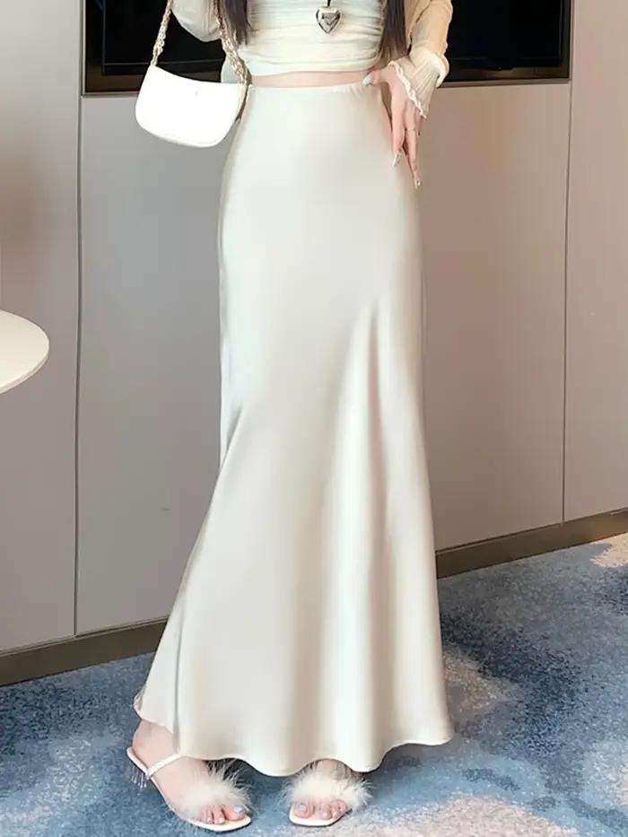 Jupes longues en Satin élégantes pour femmes, vêtements de mode coréenne, taille haute élastique, jupe noire, Streetwear d'été, jupe Midi trapèze, 2025