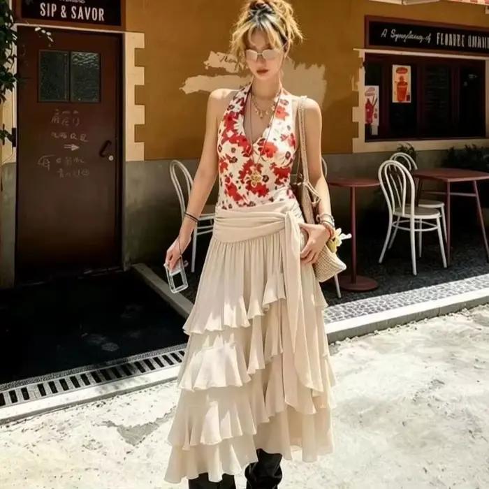 Robe pour femme style français, jupe à volants, jupe midi à volants, jupes unies, ourlet fluide à niveaux, tenue quotidienne élégante, Nouveauté 2026