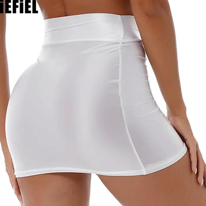 Sexy brillant couleur unie jupes crayon nouveauté mode décontracté taille haute ceinture élastique mini-jupe