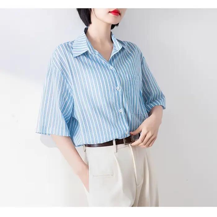 Chemises à rayures bleues et blanches pour femmes, tenues d'été à manches courtes, hauts à simple boutonnage avec poches, chemisier