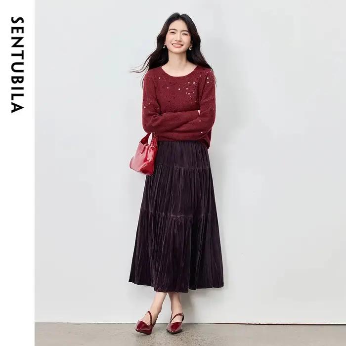Jupe en velours Sentubila pour femme, élégante jupe à volants, automne-hiver 2026, polyester doux, taille élastique, design moderne, coupe ample trapèze, idéale pour le bureau et les soirées chic