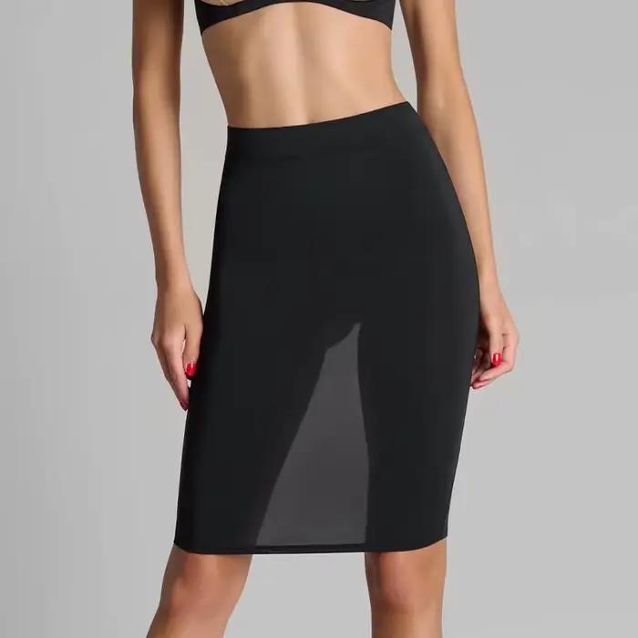 Jupe crayon moulante mi-longue en maille transparente patchwork pour femme avec bretelles réglables