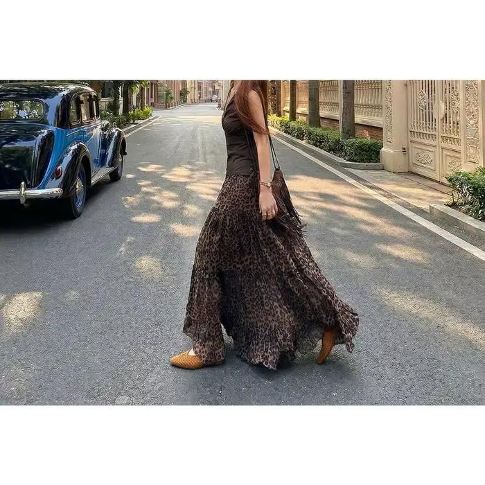 Vintage Leopard Print Skirt High Waist A-shaped Skirt