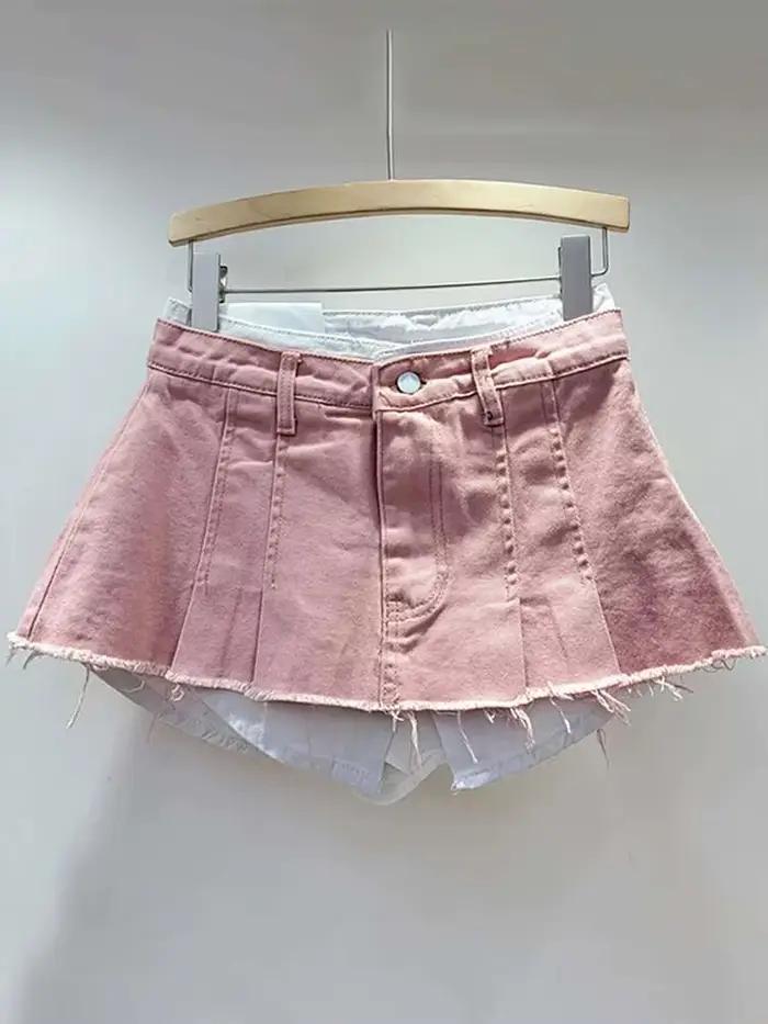DEAT femmes jupe en jean taille haute plissée Patchwork couleur contrastée grandes poches bavures a-ligne Mini