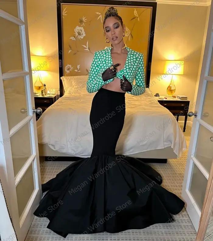 Élégant noir longue jupe sirène Style espagnol taille élastique Satin jupes de fête longueur de plancher femmes