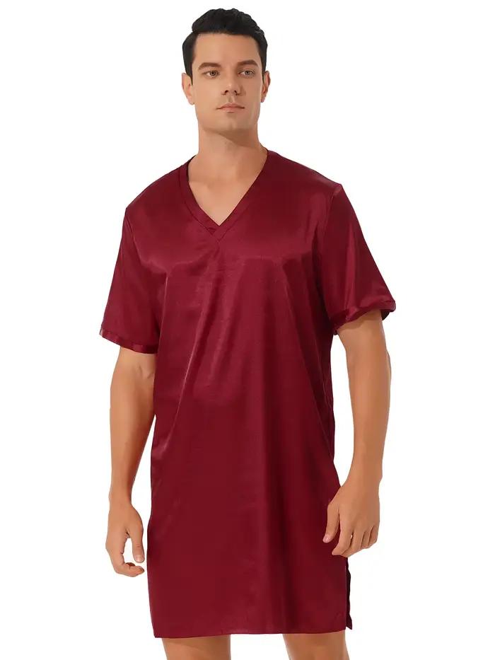 Hommes femmes Satin chemise de nuit col en V à manches courtes vêtements de nuit vêtements de nuit Homewear côtés fendus vêtements de nuit Robe de nuit peignoir