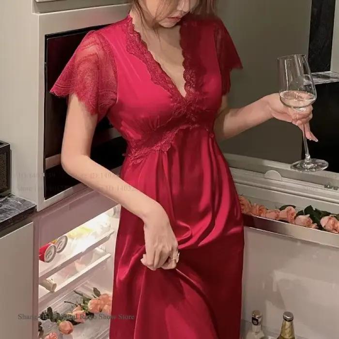 Chemise de nuit en satin à manches courtes pour femmes, vêtements de nuit élégants, robe de maison, style palais, princesse, longue, été