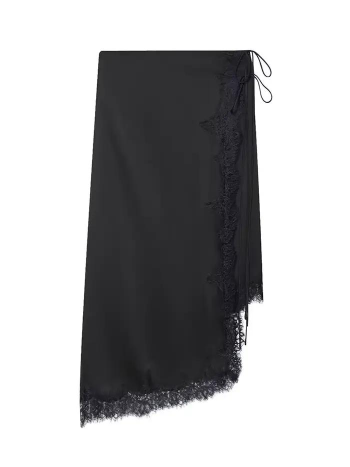 HH femmes mode polyvalent noir dentelle Satin jupe femme taille moyenne tempérament mince fermeture éclair nœud à