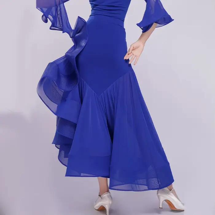 Jupe de Valse de Compétition Standard Midi de Haute Qualité pour la Danse de Salon, Modèle Roland Purple Fishbone Glaze Blue, pour la Pratique, Noire