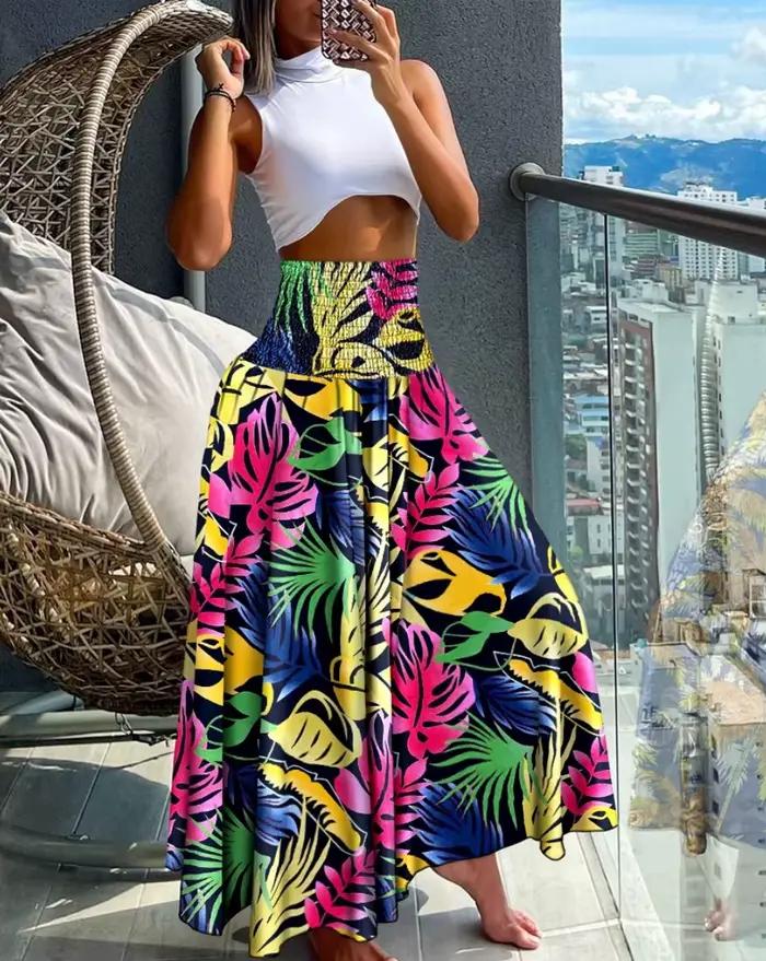 Jupe longue à taille haute pour femme, imprimé floral, silhouette en A, pour les vacances d'été à la plage