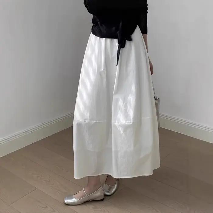 Jupe longue évasée taille haute pour femme, coupe ample, taille élastique, couleur unie blanche, style vintage décontracté, idéale pour l'été