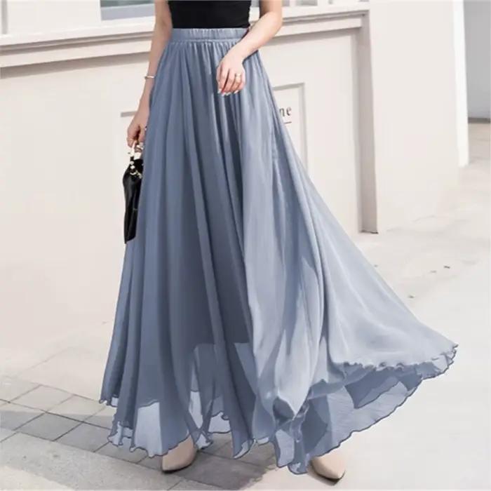 Jupe en mousseline de couleur unie pour femmes, nouvelle collection printemps-été, décontractée, ample, taille haute, taille élastique, jupe longue, Roupas Feminina