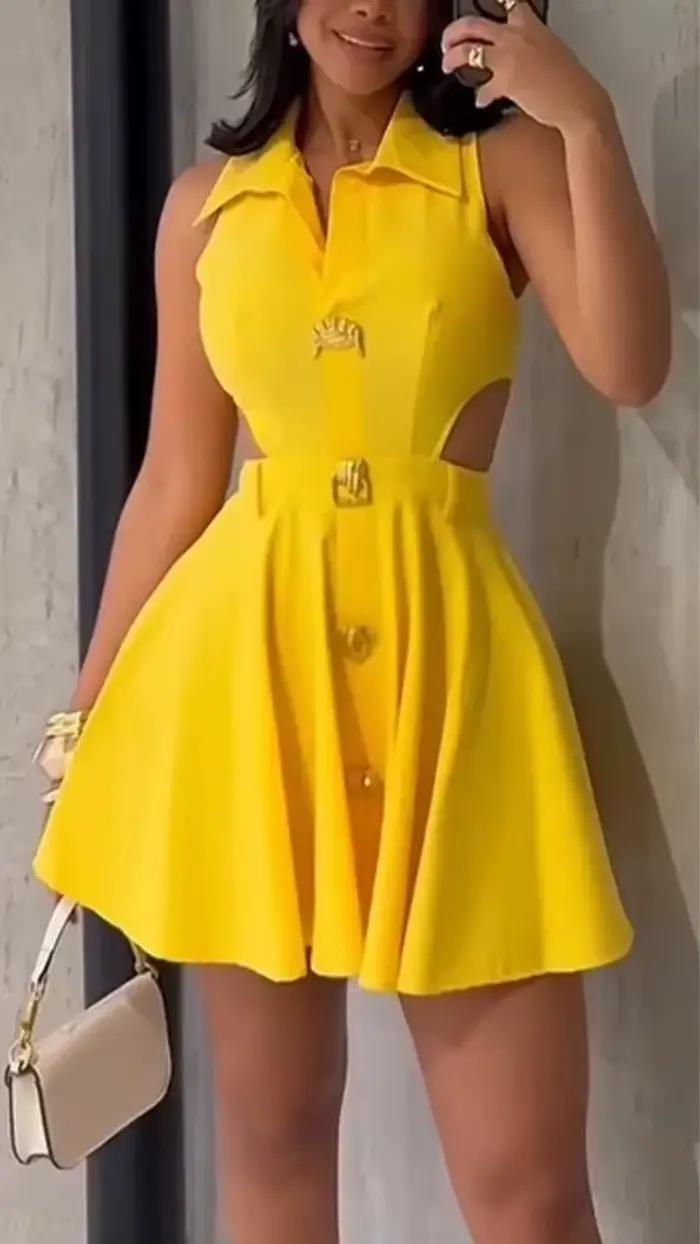HBLL femmes jupes courtes élégantes boucle en métal boutonné vêtements d'extérieur formels dames chemise à revers évidé robe de soirée a-ligne