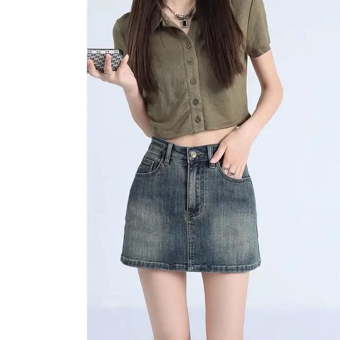 Jupe mini trapèze taille haute en jean rétro pour femme, style 'Spicy Girl', amincissante, anti-transparence, mi-longue, tendance streetwear pour l'été