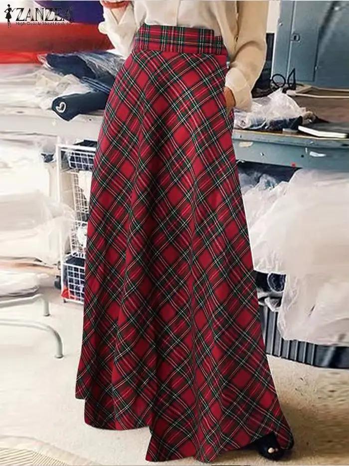 Mode femmes à carreaux Jupe longue Vintage automne Robe d'été ZANZEA décontracté taille haute a-ligne Faldas Saia ample