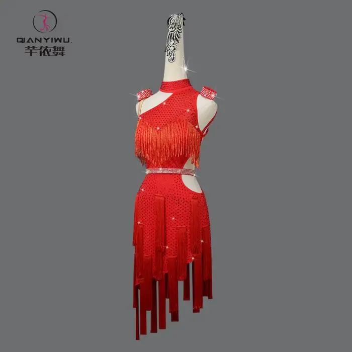 Robes de soirée rouges pour femmes, costume de danse latine élégant, compétition 2026, jupe à franges pour filles, vêtements de danse mi-longs, costume de samba pour bal  fille robes soirée costume ju