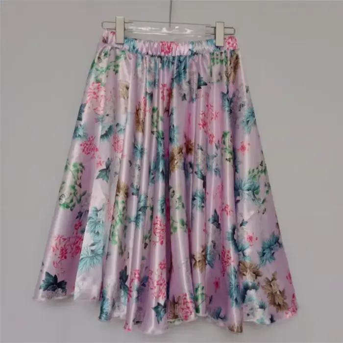 Jupe fine en satin sexy pour femme, imprimé floral, taille haute, coupe ample, longueur 60 cm, collection été-printemps