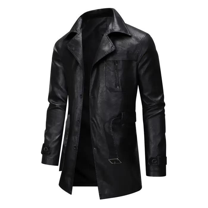 Cool à la mode mi à longue longueur veste en cuir hommes coupe ajustée Double boutonnage en cuir coupe-vent hiver hommes qualité nouvelle veste