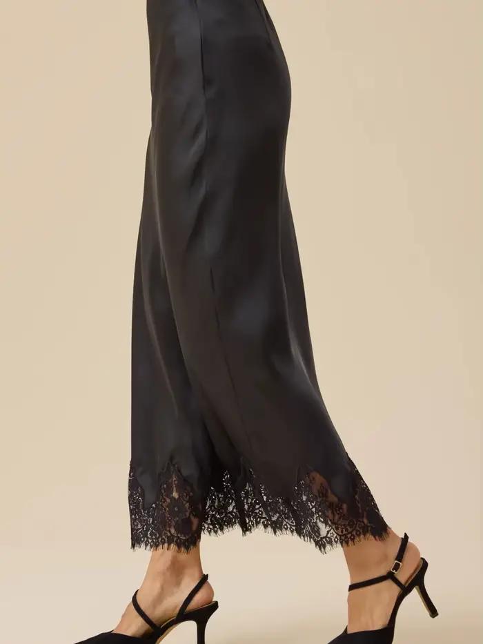 Femmes demi-glissement jupes longues dentelle garniture Satin jupe Midi une ligne fluide soyeux Maxi