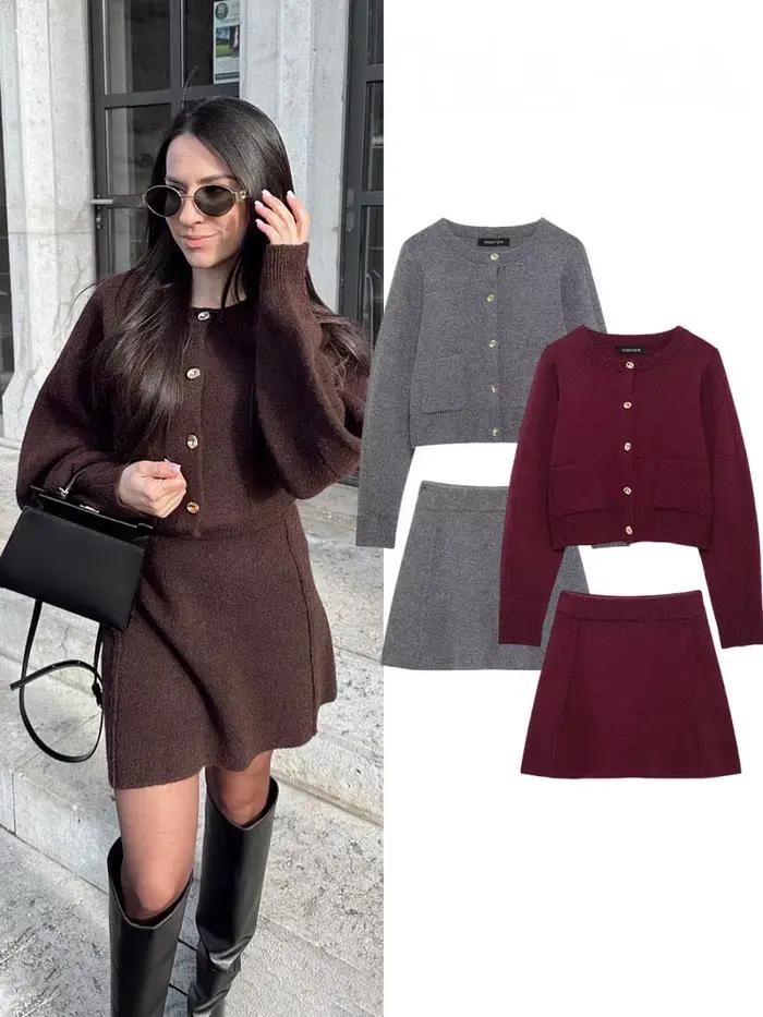 HH femmes jupe costume Chic col rond tricoté à manches longues simple boutonnage poche Cardigan + mode taille élastique