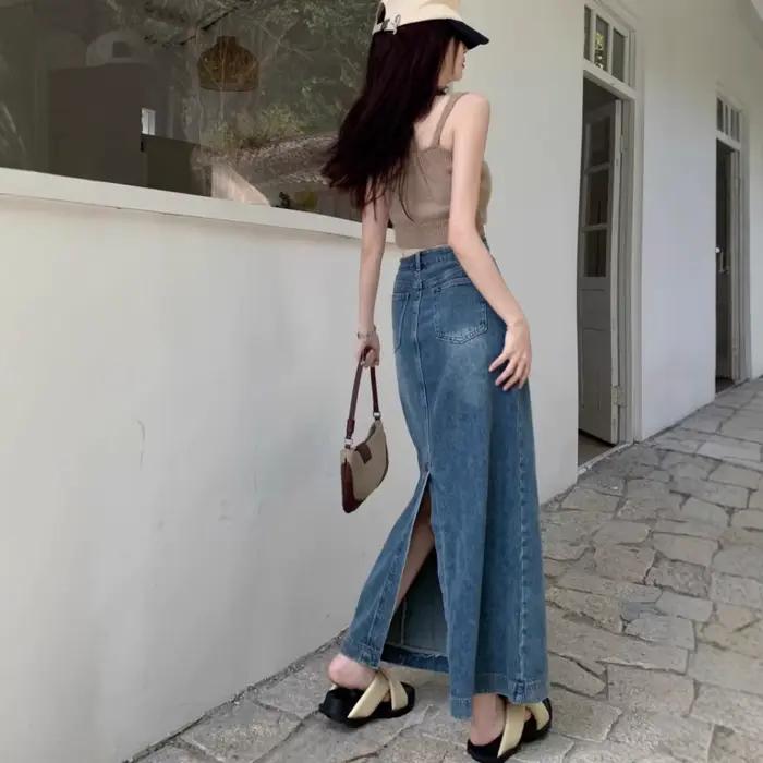 Jupe en jean droite rétro bleue pour femme