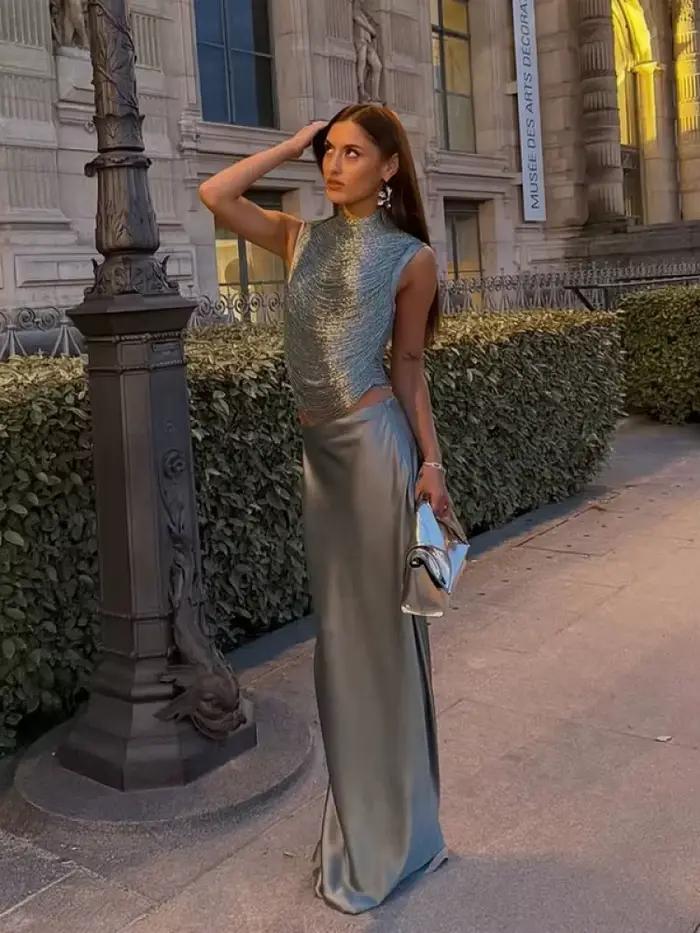 Ensemble BKQU Crop Top à Pampilles et Jupe Sirène en Satin pour Femmes Occasions Spéciales