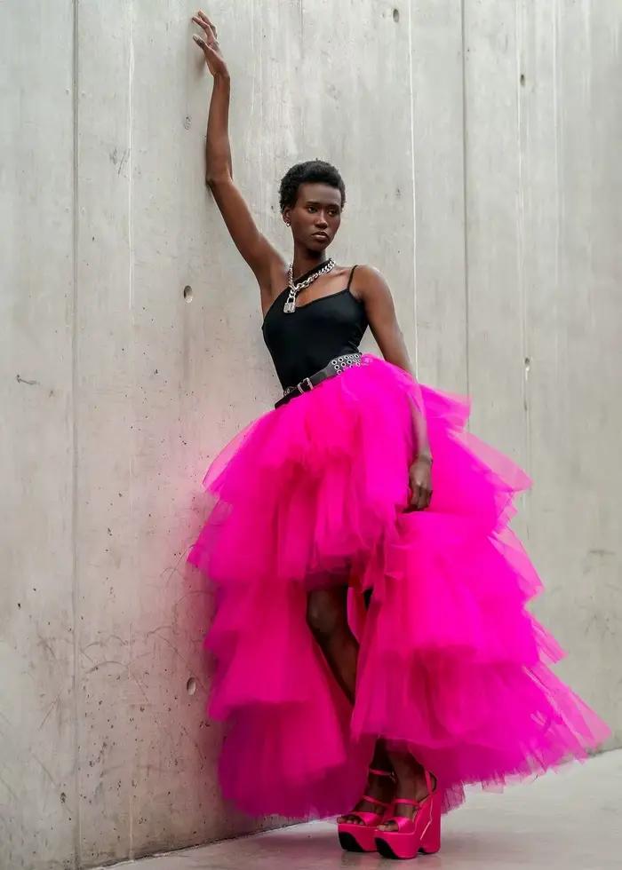 Jupe Tutu en Tulle Rose Vif à Volants Superposés, Jupe Longue Asymétrique à Taille Haute Coupe Trapèze pour Femme, Idéale pour Soirées et Anniversaires, Personnalisable