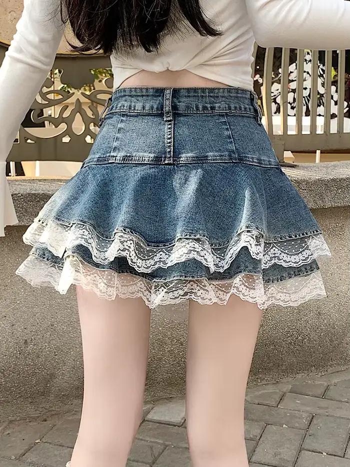 2025 été Mini Y2K Denim jupe femmes mode Streetwear volants Kawaii dentelle jupes Shorts Preppy école plissée jean jupe