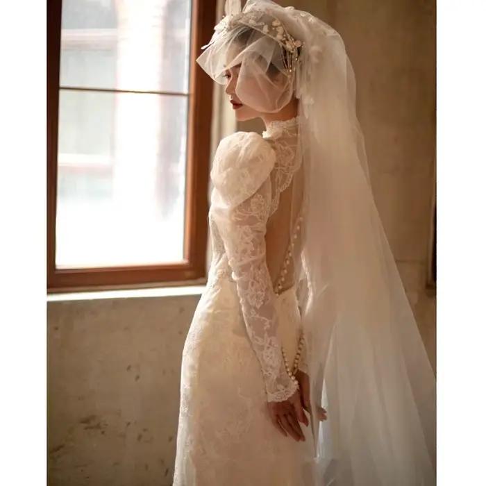 Robe de mariée légère française rétro, manches longues, queue de poisson, en dentelle, pour photographie de voyage, robe de Banquet, personnalisée
