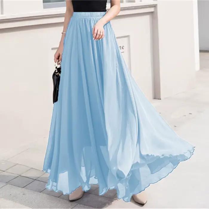 Jupe en mousseline de couleur unie pour femmes, nouvelle collection printemps-été, décontractée, ample, taille haute, taille élastique, jupe longue, Roupas Feminina