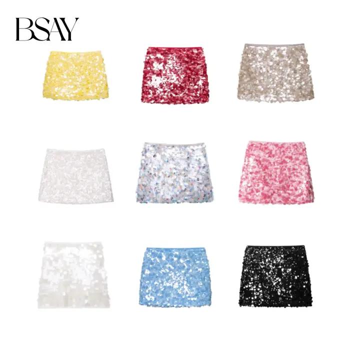 BSAY néon sequin jupe été nouveau 2025 doublure côté zip taille haute a-ligne mini