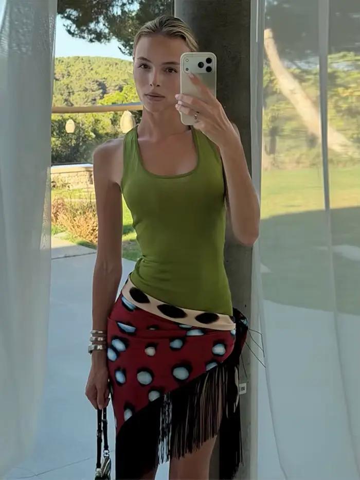 Mini-jupe réversible imprimée à franges pour femme