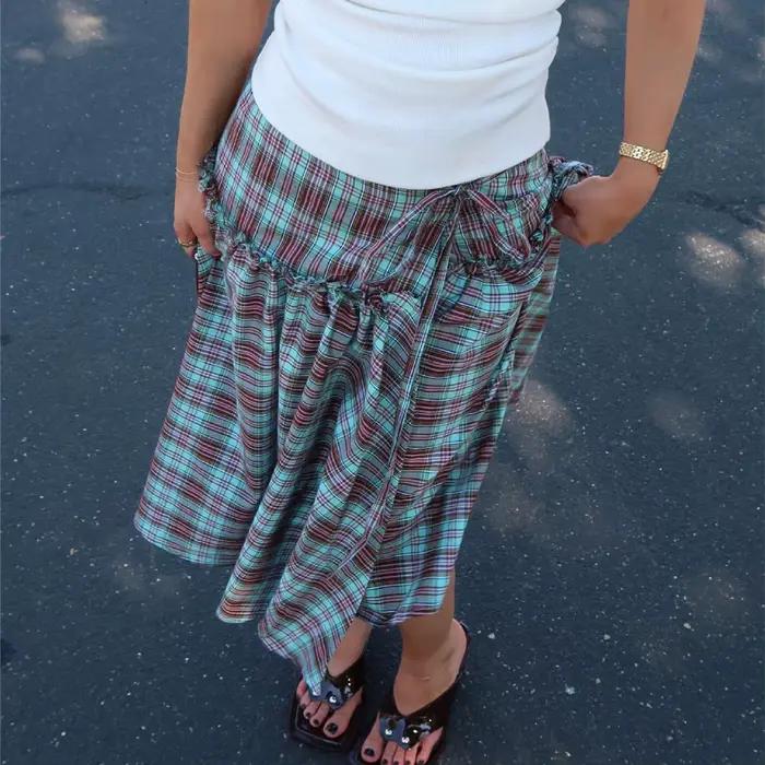 Gaono femmes taille basse Plaid jupe Midi à lacets ourlet à volants une ligne